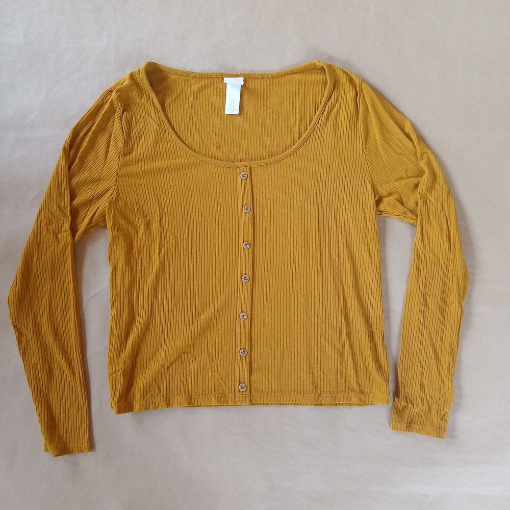 H&M Mustard Yellow Ribbed Long Sleeve Scoop Neck Top
